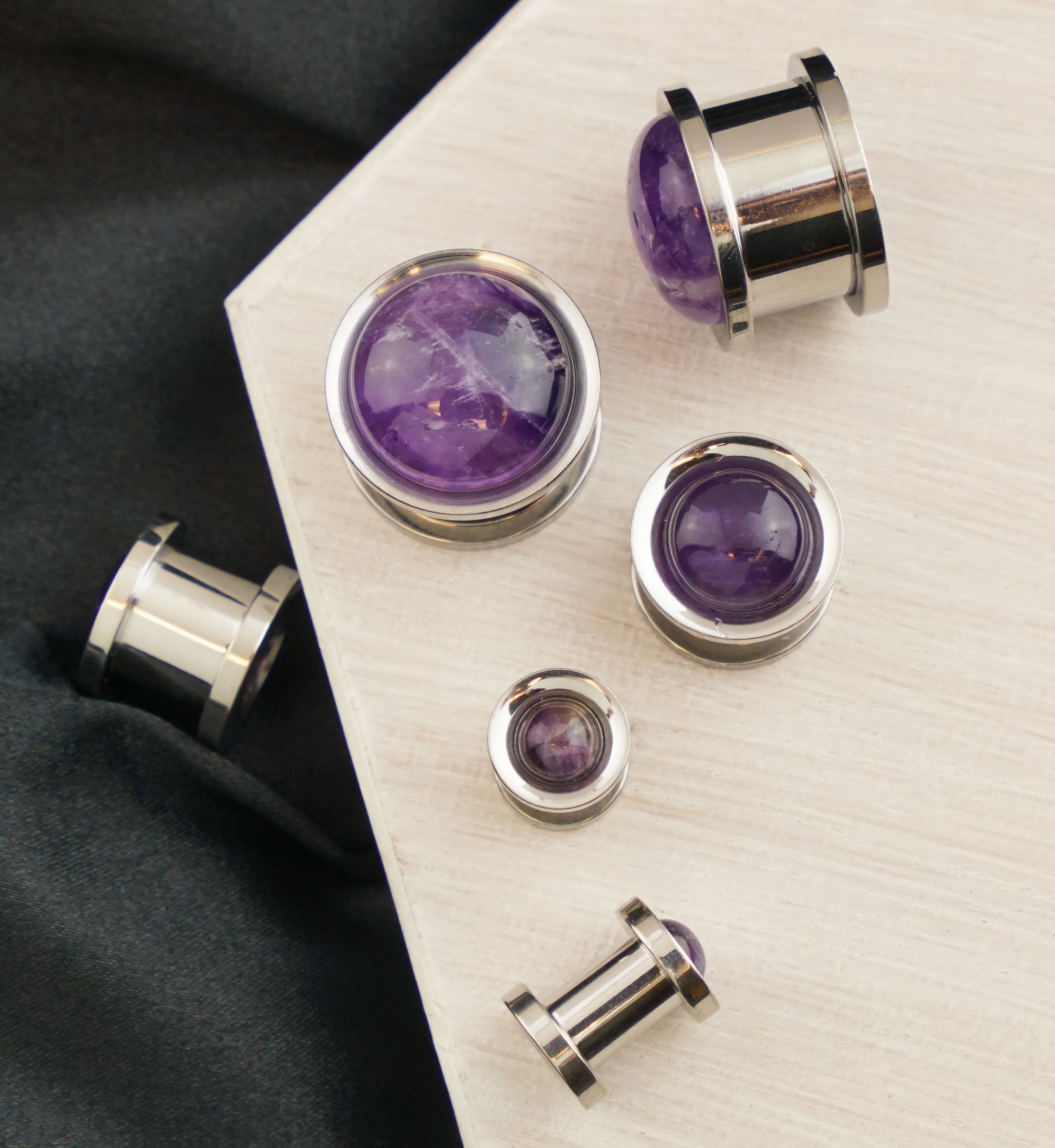 Cabochon Amethyst Stainless Steel Screw Back Tunnel Plugs - Image 2