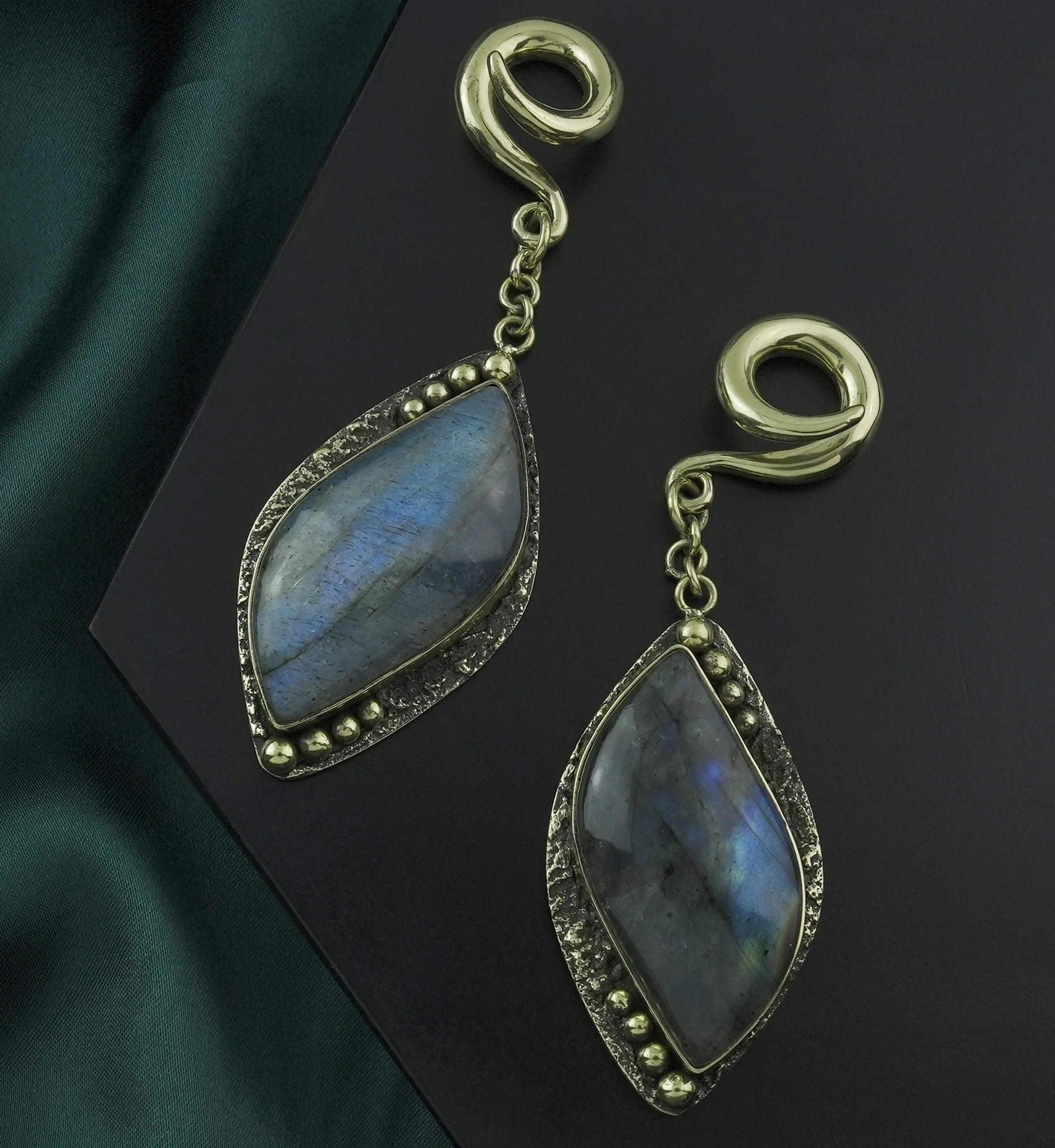 Camber Labradorite Stone Hanging Brass Ear Weights - Image 2