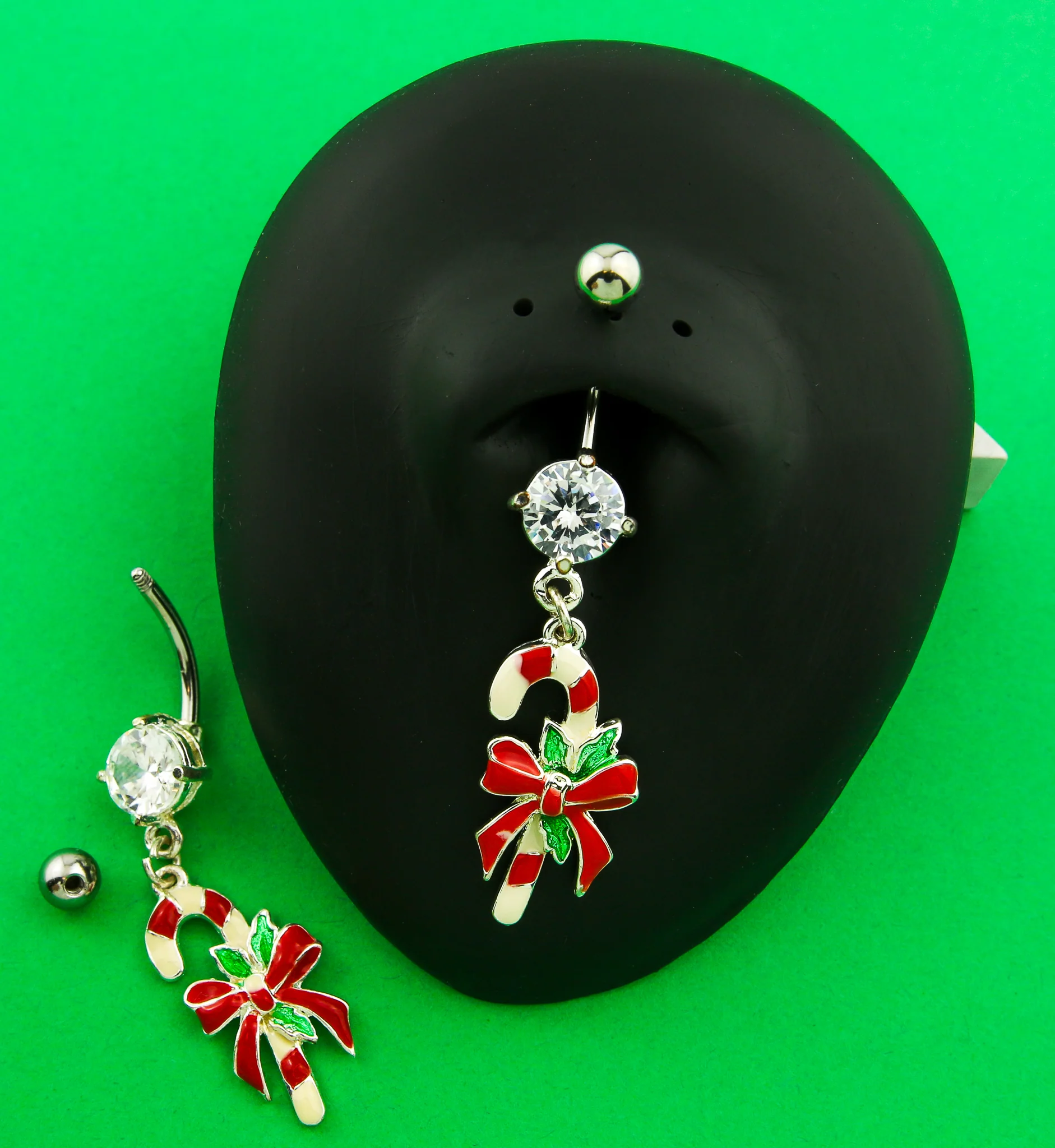 Candy Cane Dangle Clear CZ Stainless Steel Belly Button Ring - Image 2