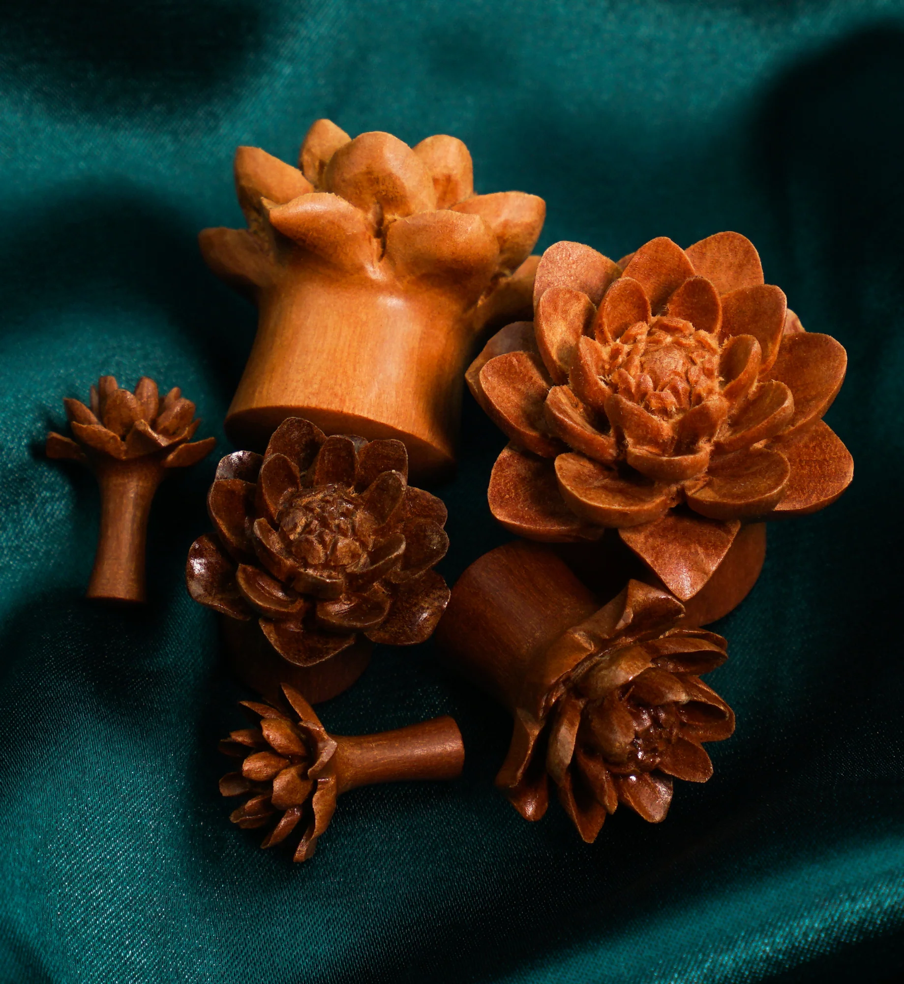 Carved Camellia Flower Wood Plugs - Image 2