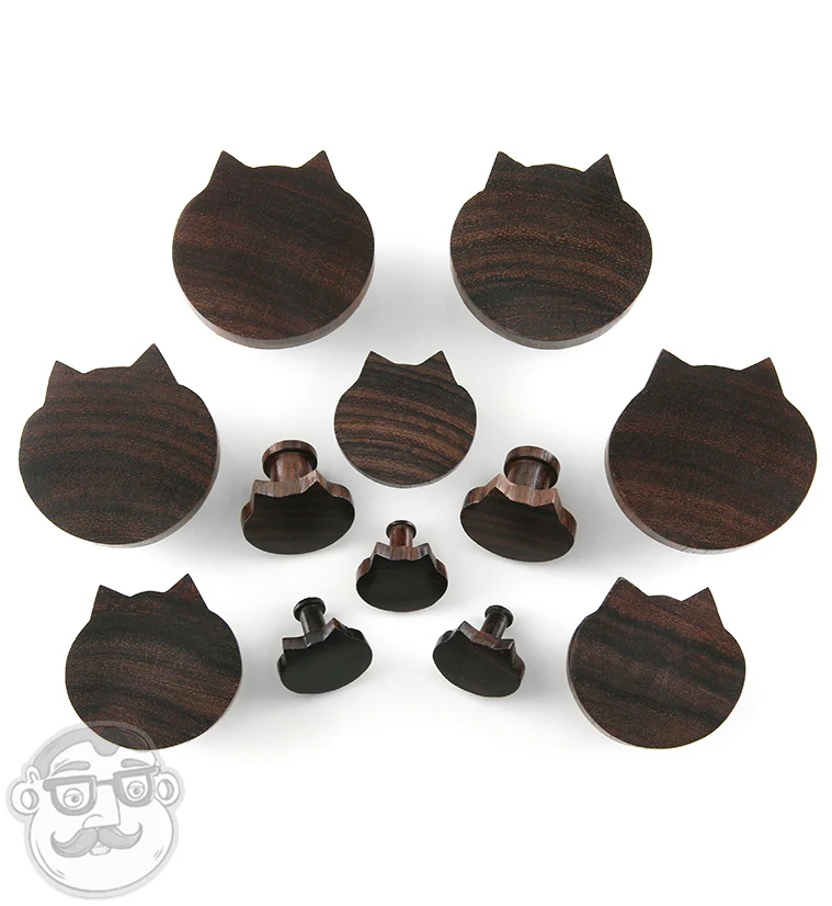 Carved Cat Face Sono Wood Plugs - Image 2