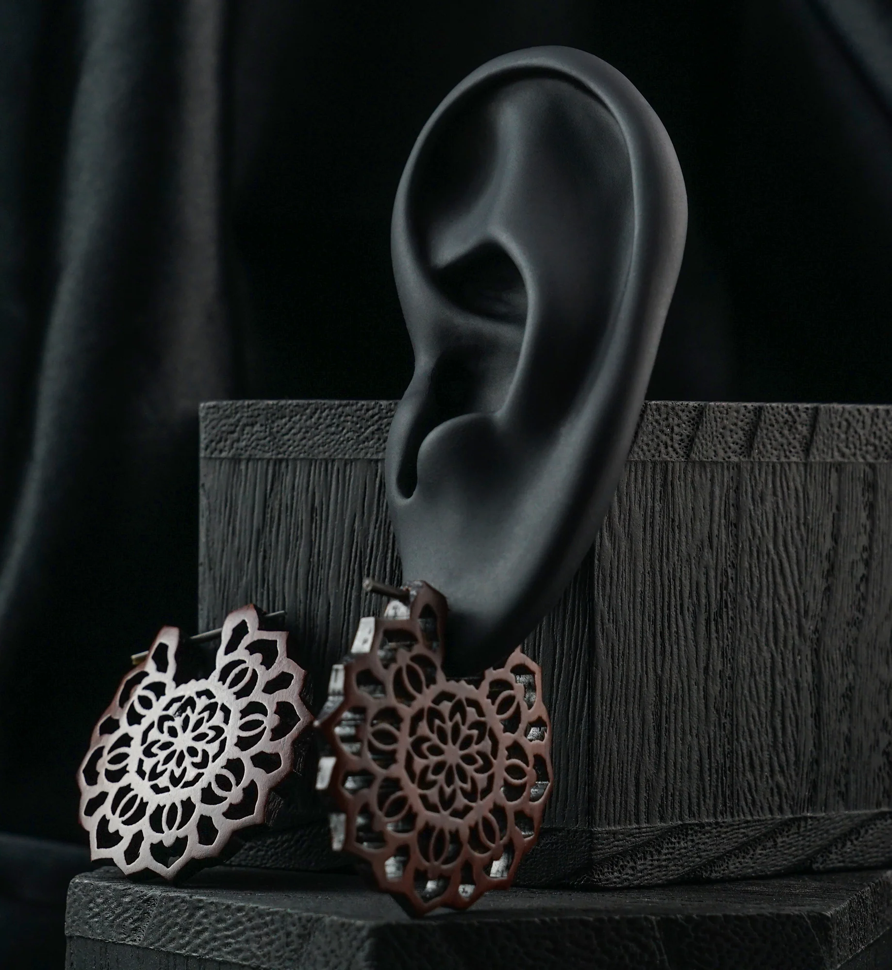 Carved Floral Wood Earrings - Image 2