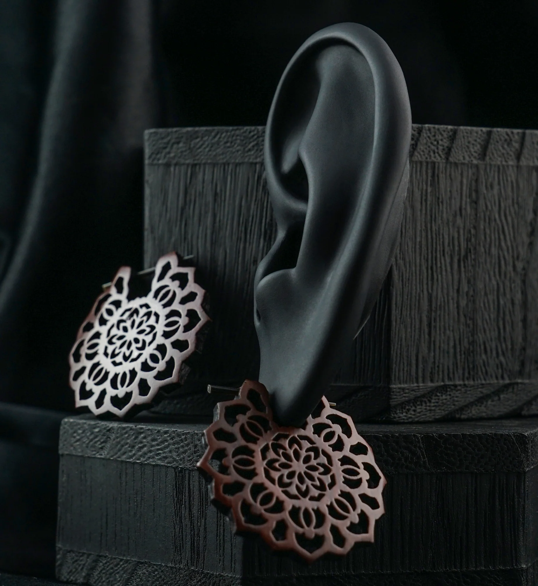 Carved Floral Wood Earrings - Image 3