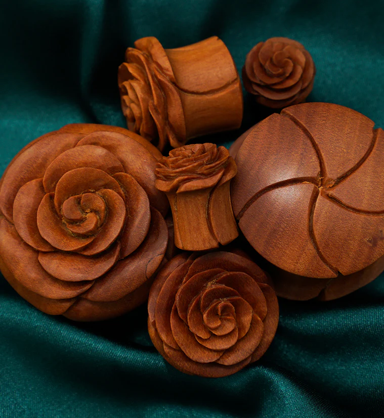 Carved Rosebud Saba Wood Plugs - Image 2