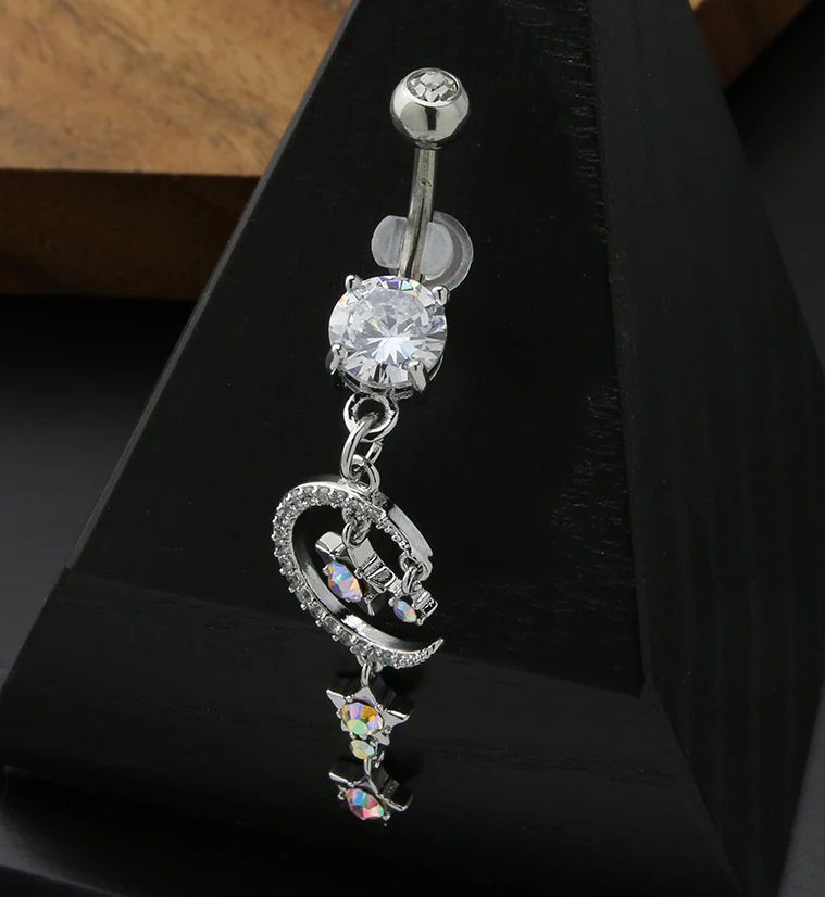 Celeste Triple Dangle Star Rainbow Aurora CZ Stainless Steel Belly Button Ring - Image 2