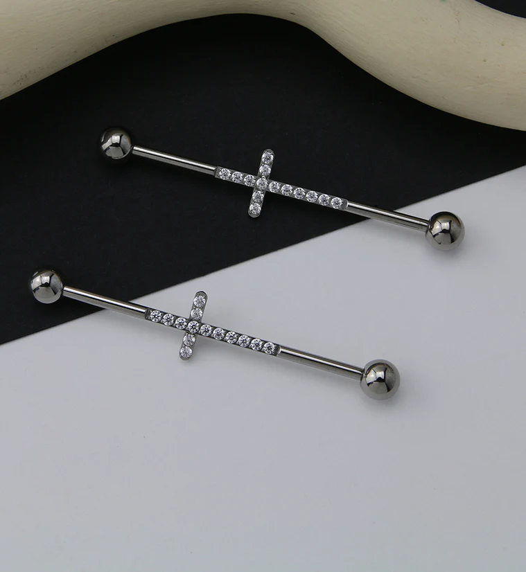 Center CZ Cross Titanium Industrial Barbell - Image 2