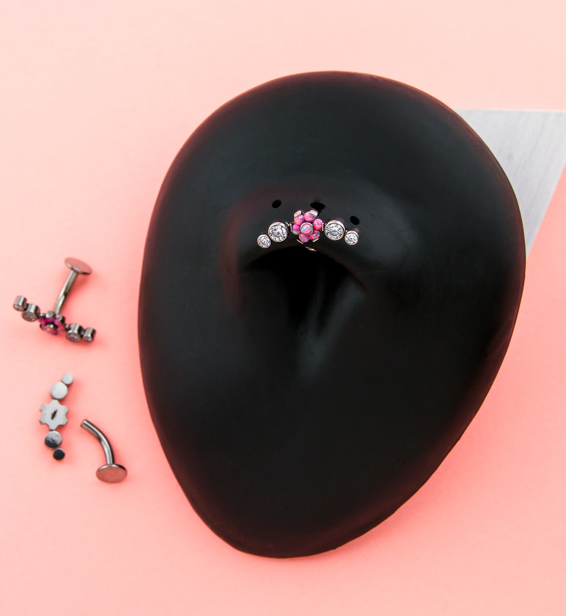 Centered Flower Arch Pink Opalite Titanium Threadless Floating Belly Button Ring - Image 2