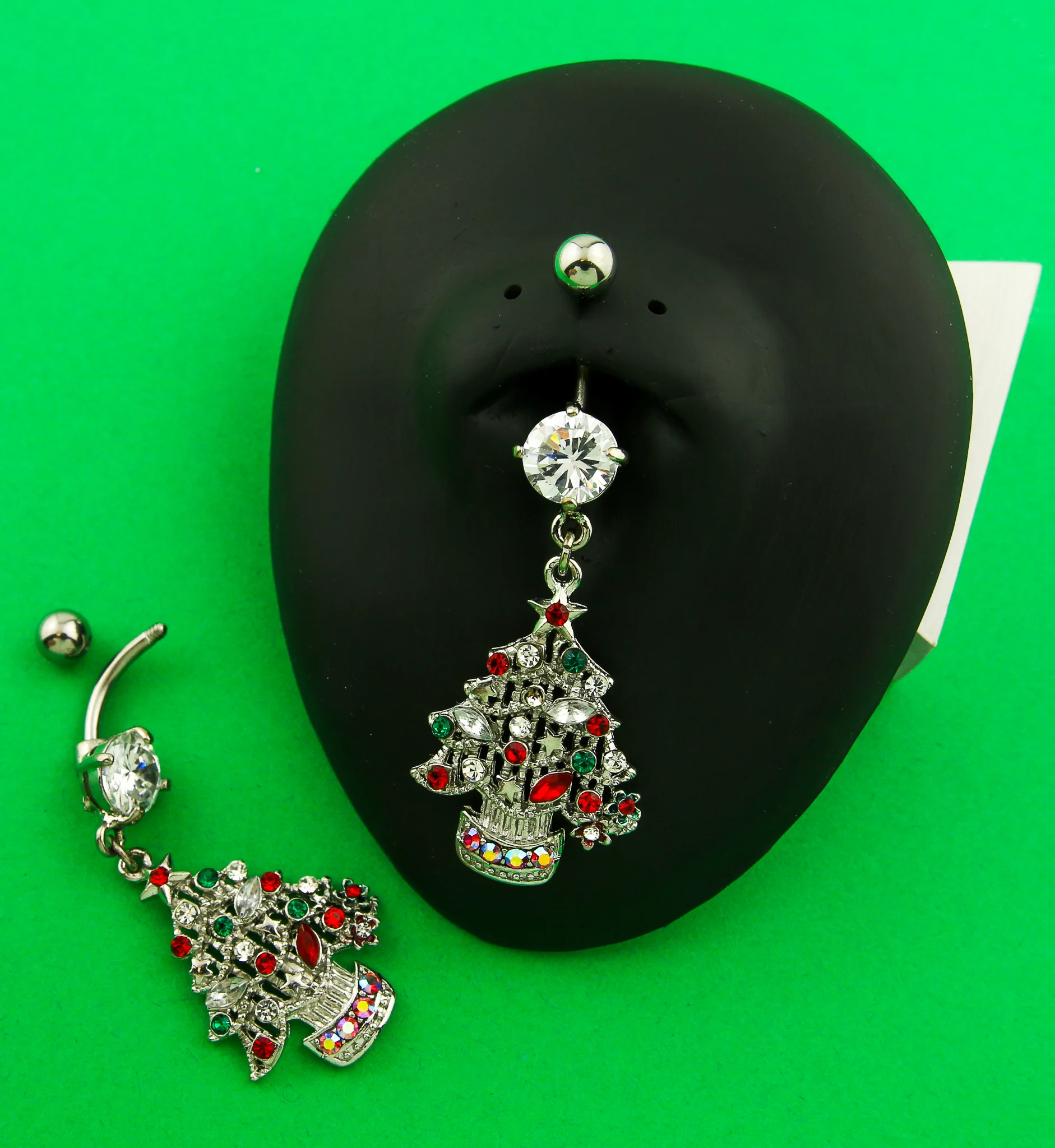 Christmas Tree Dangle Multi CZ Stainless Steel Belly Button Ring - Image 2