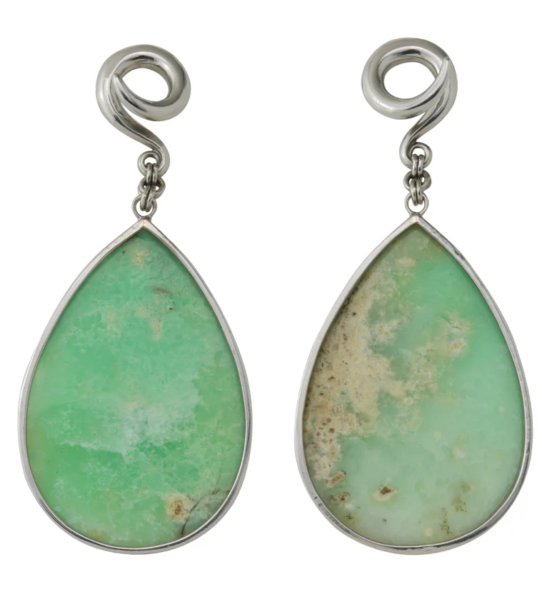 Chrysoprase Stone Teardrop White Brass Ear Weights