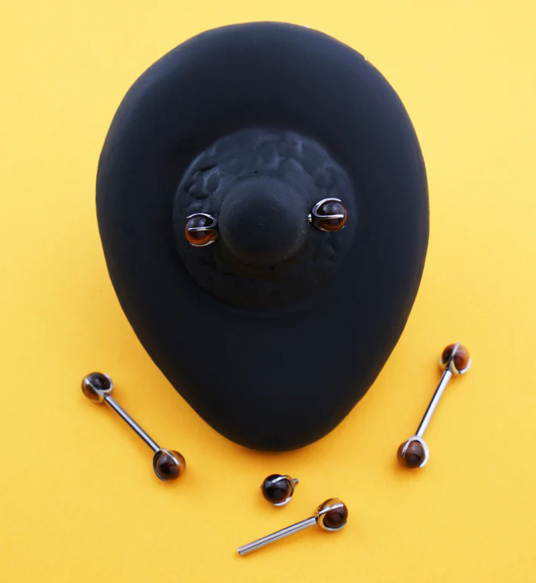 Claw Tigers Eye Stone Internally Threaded Titanium Nipple Barbells - Image 2