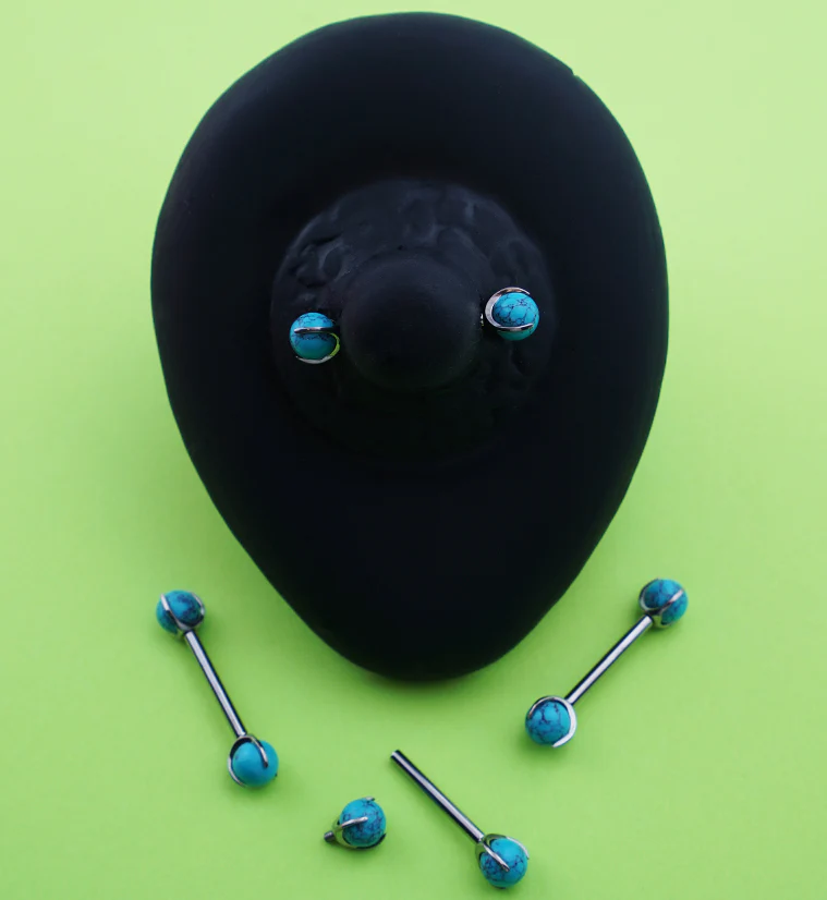 Claw Turquoise Holwite Stone Internally Threaded Titanium Nipple Barbells - Image 2
