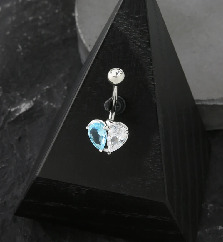 Clear And Aqua Heart CZ Stainless Steel Belly Button Ring - Image 2