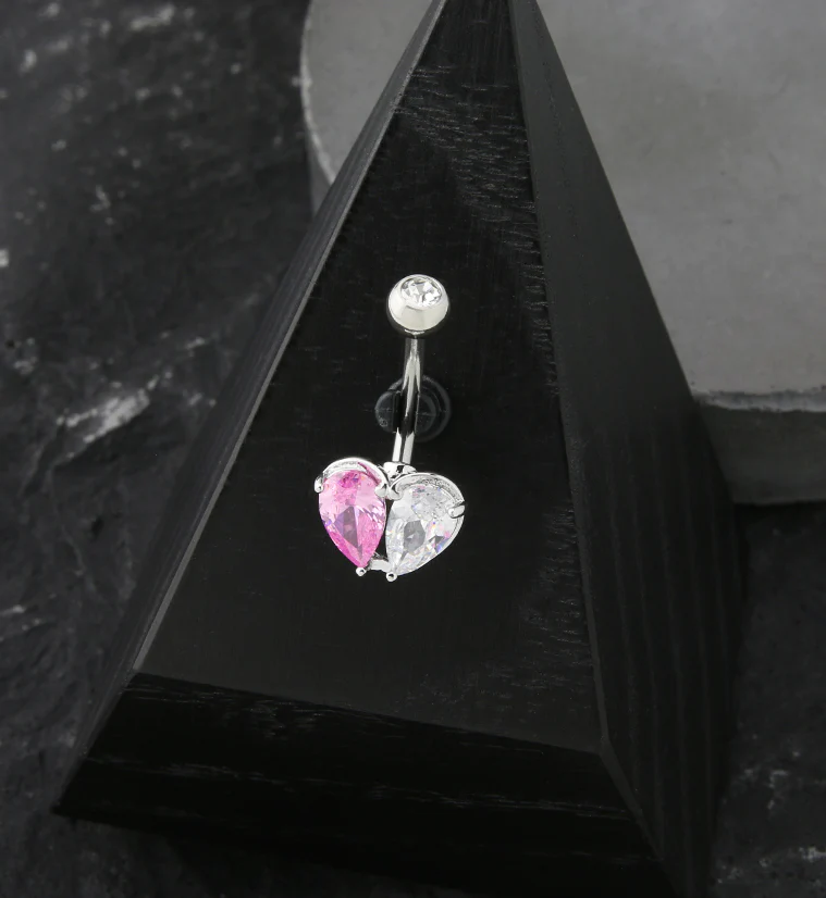 Clear And Pink Heart CZ Stainless Steel Belly Button Ring - Image 2