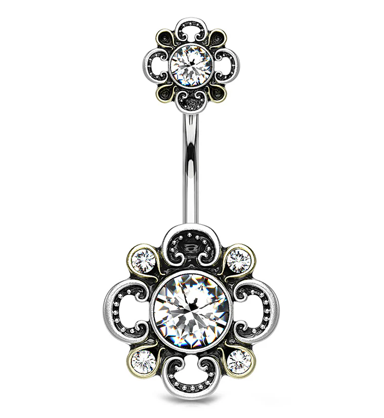 Clear CZ Antique Flower Belly Button Ring