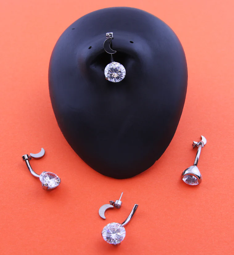 Clear CZ Dangle Half Moon Titanium Threadless Belly Button Ring - Image 2