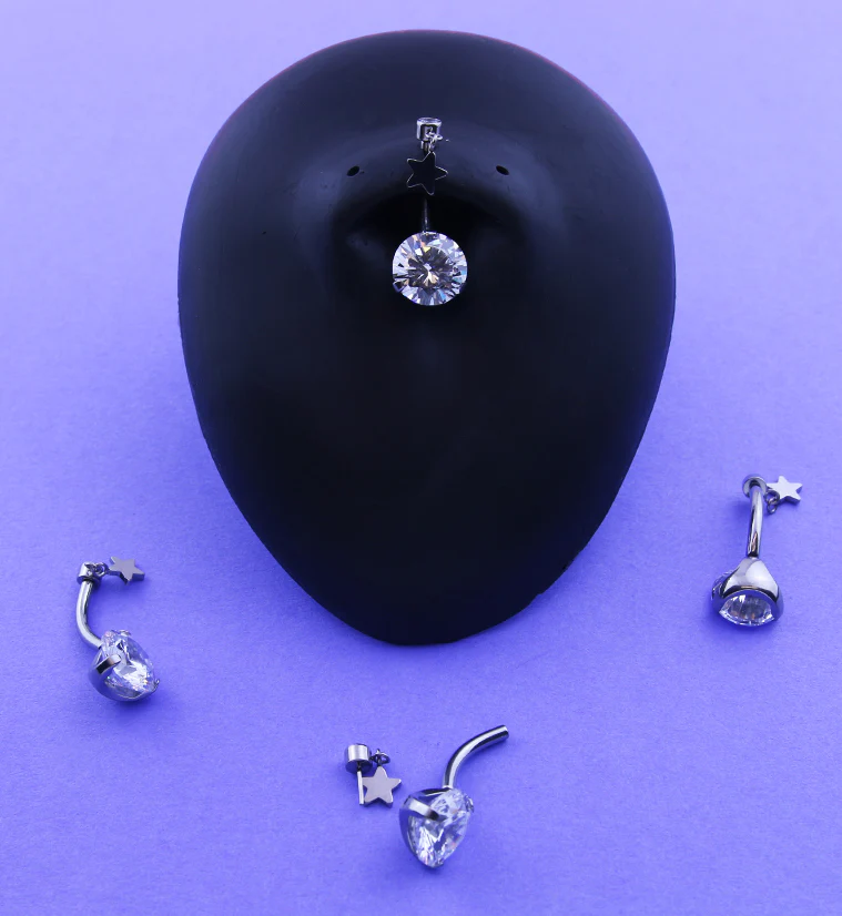 Clear CZ Dangle Star Titanium Threadless Belly Button Ring - Image 2