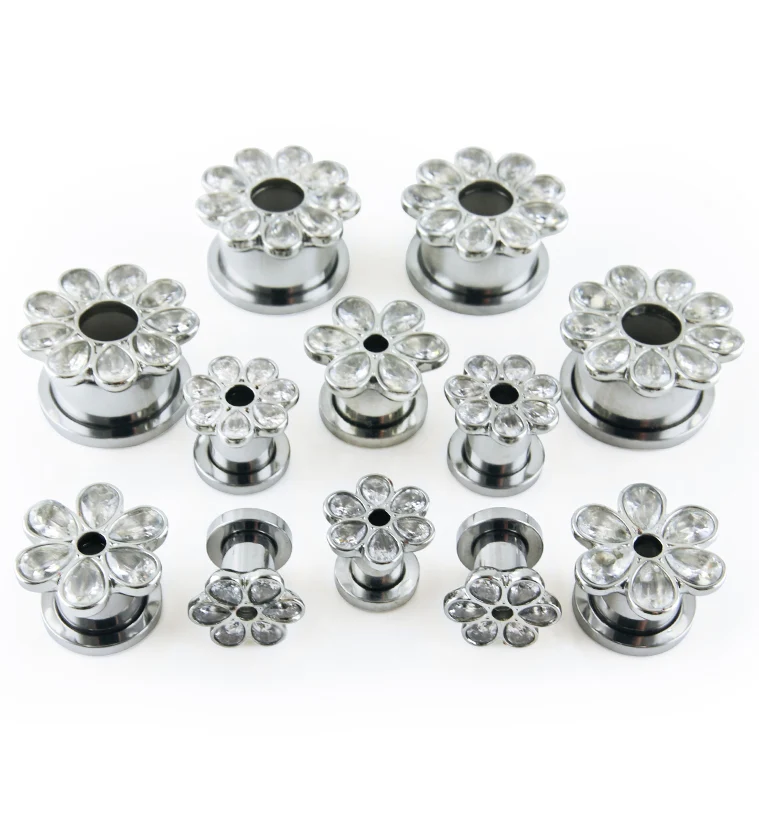 Clear CZ Flower Petal Stainless Steel Tunnels - Image 2