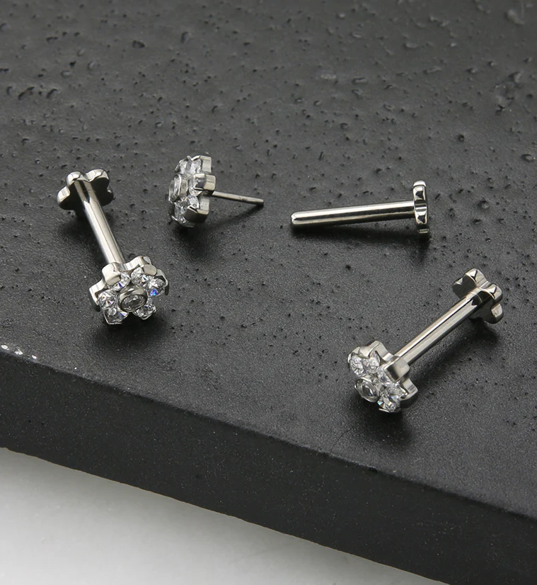 Clear CZ Flower Titanium Threadless Labret - Image 2