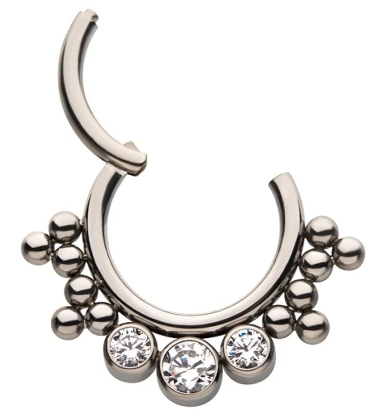 Cluster Beaded Triple CZ Titanium Hinged Segment Ring