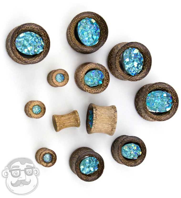 Coconut Wood Tunnels With Aqua Druzy Stone Inlay - Image 2