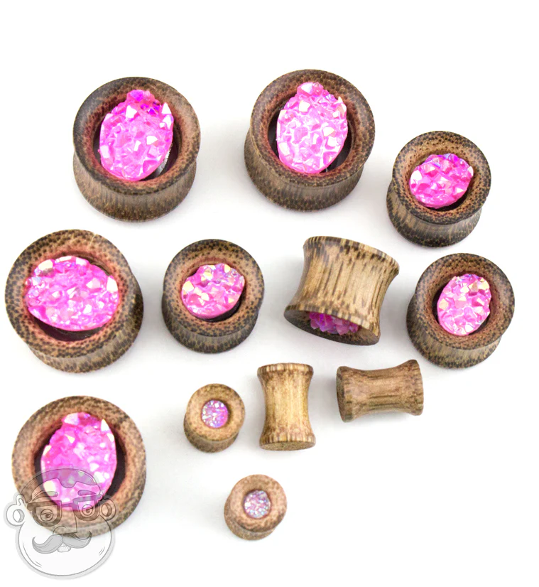 Coconut Wood Tunnels With Pink Druzy Stone Inlay - Image 2