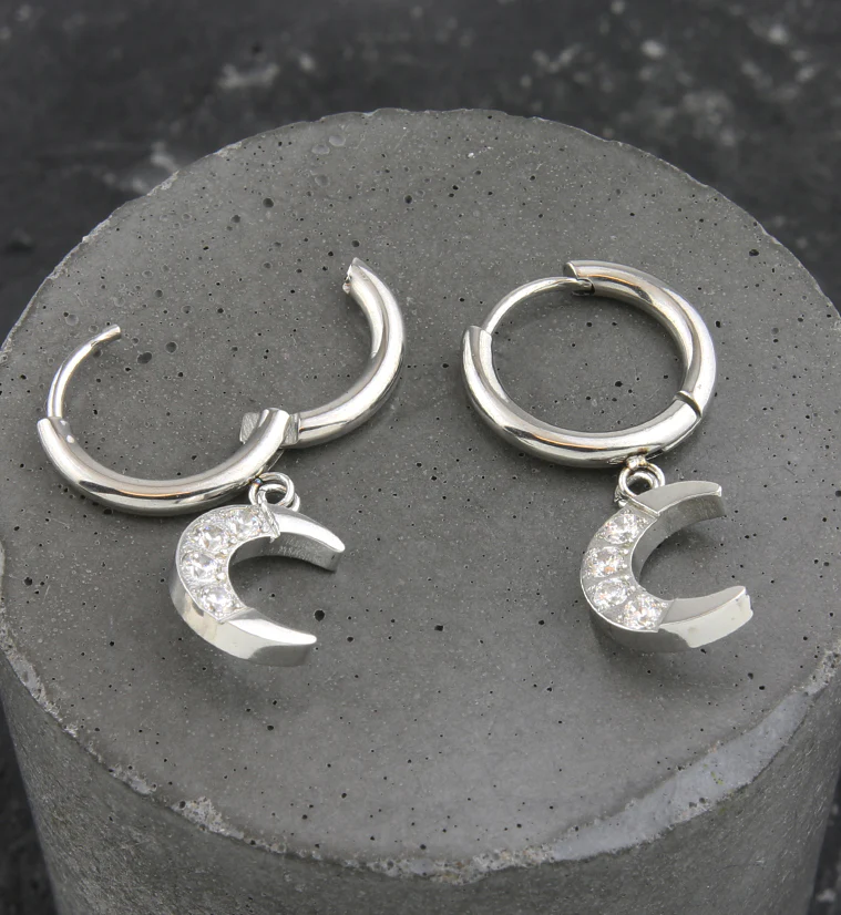 Crescent Moon CZ Dangle Stainless Steel Hinged Hoop Earrings - Image 2