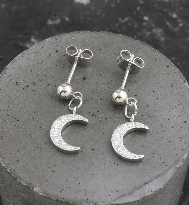 Crescent Moon CZ Dangle Stainless Steel Stud Earrings - Image 2