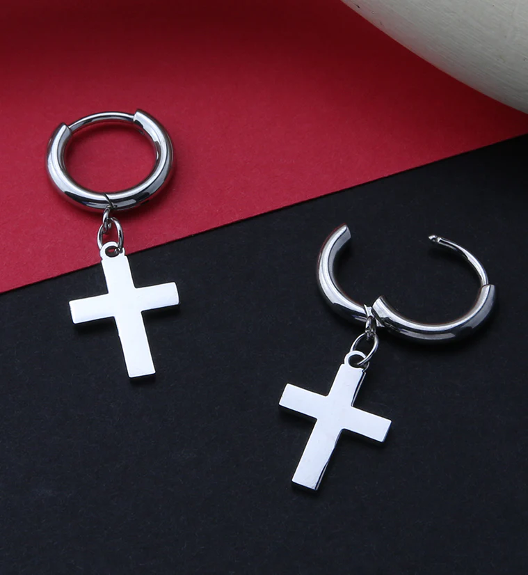 Cross Stainless Steel Hinged Earrings - Image 2