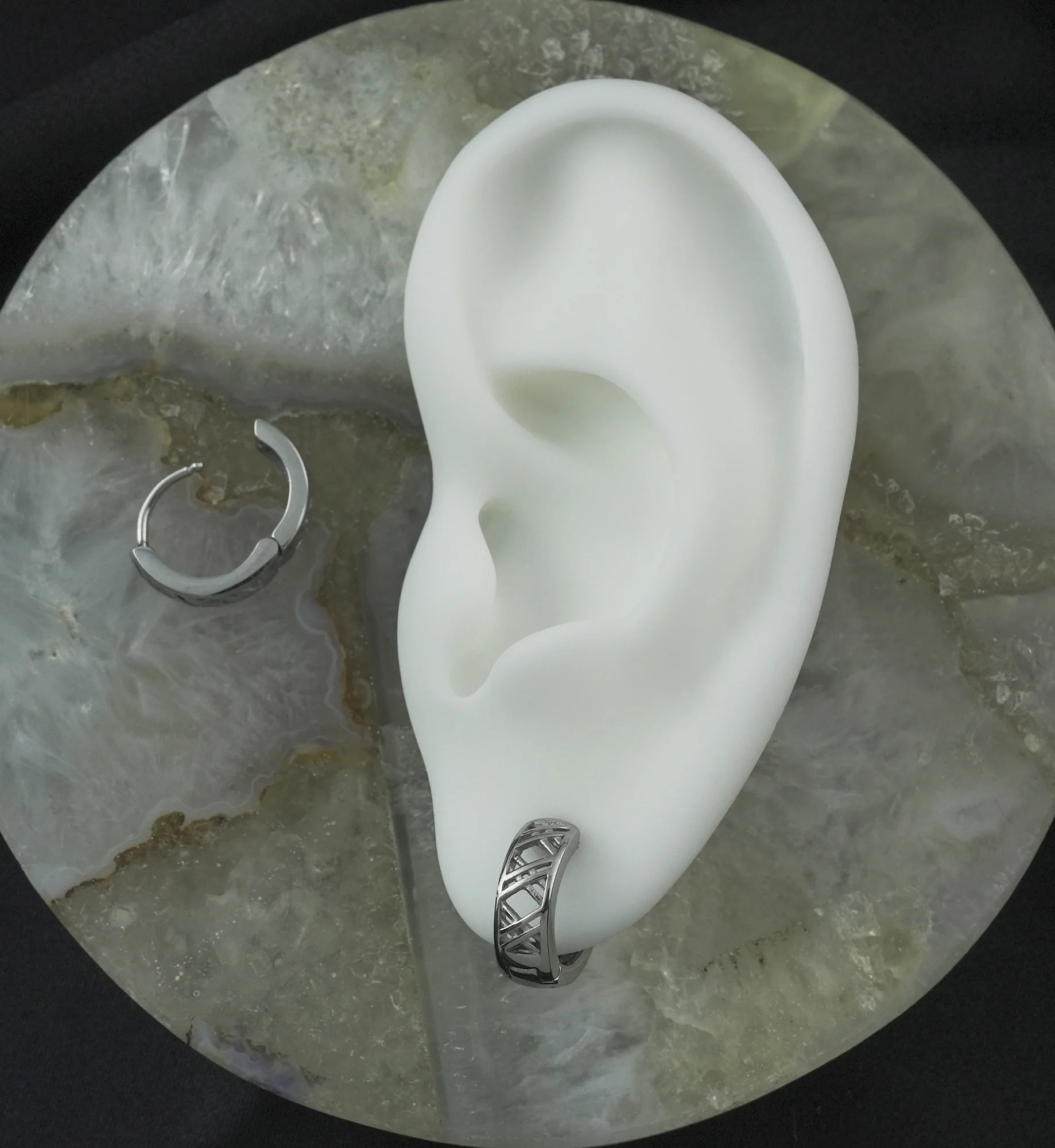 Crosshatch Stainless Steel Hinged Hoop Huggie Earrings - Image 2