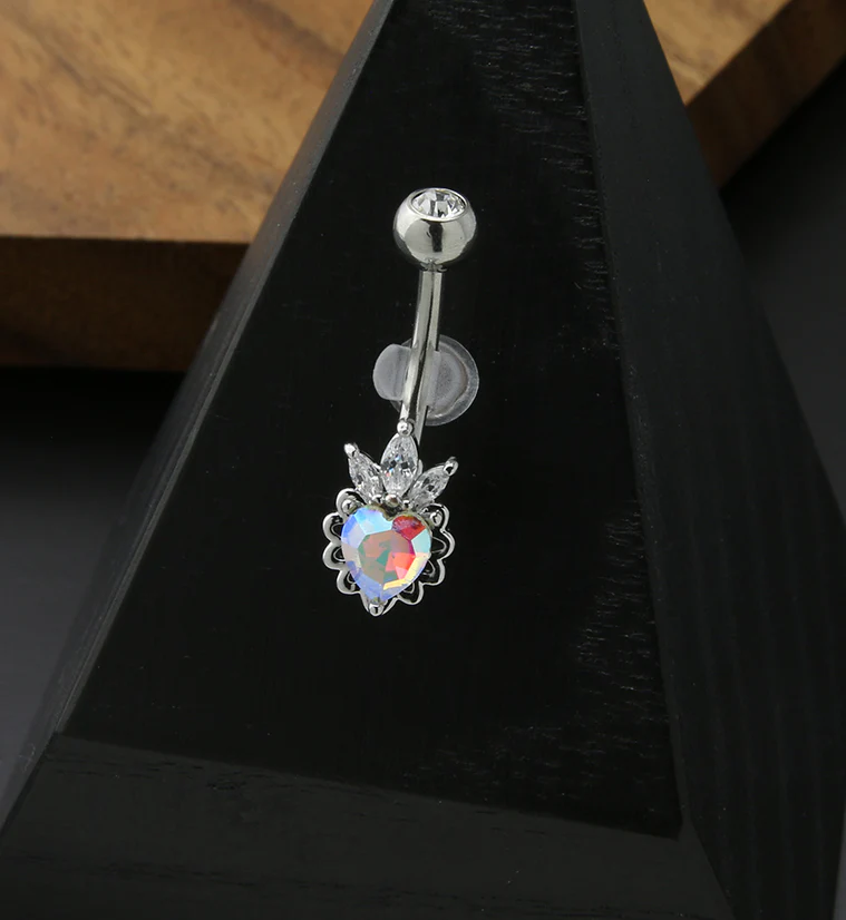 Crown Heart Rainbow Aurora CZ Stainless Steel Belly Button Ring - Image 2