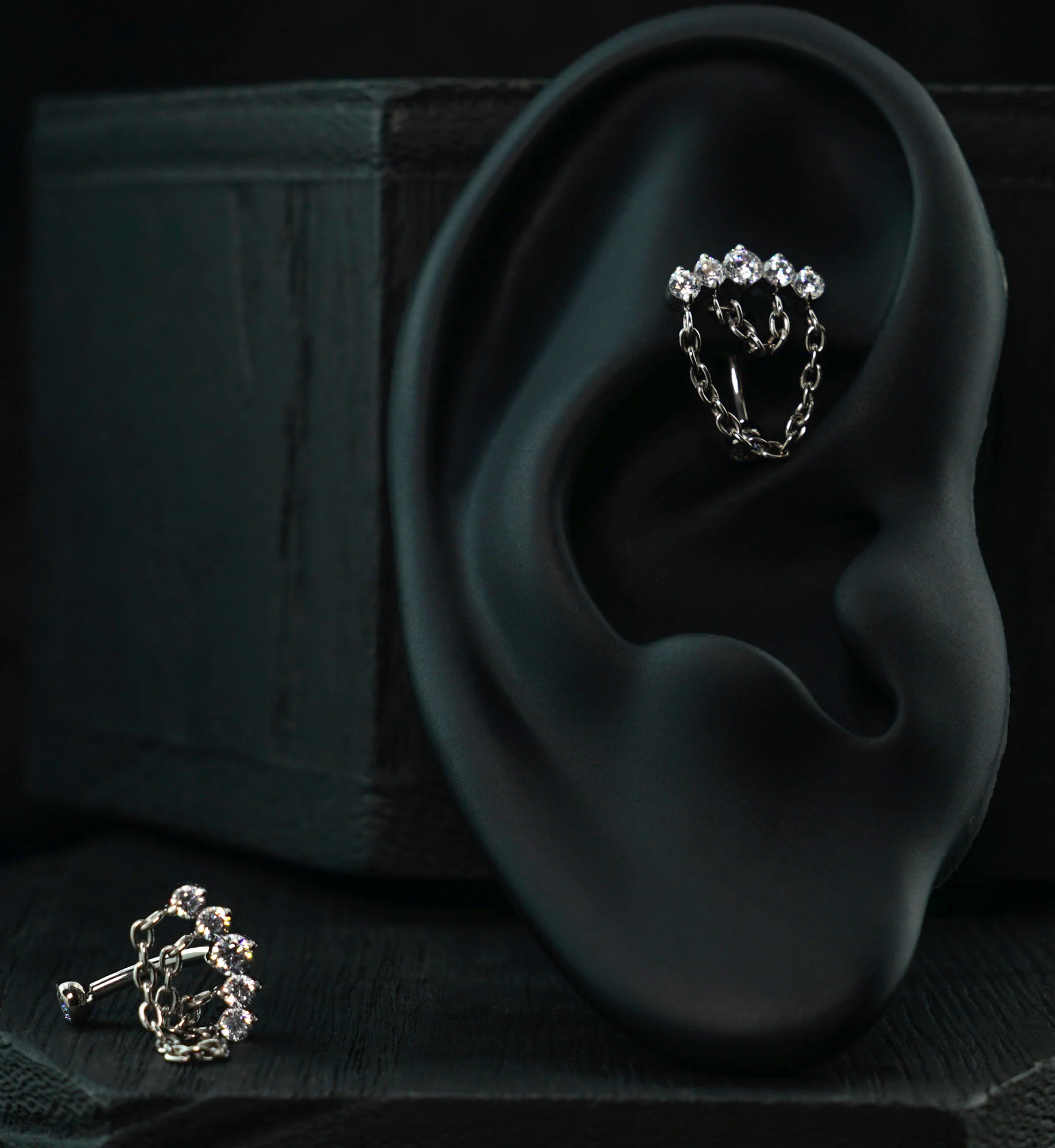 Curve Clear CZ Double Chain Dangle Titanium Internally Threaded Curved Barbell - Image 2