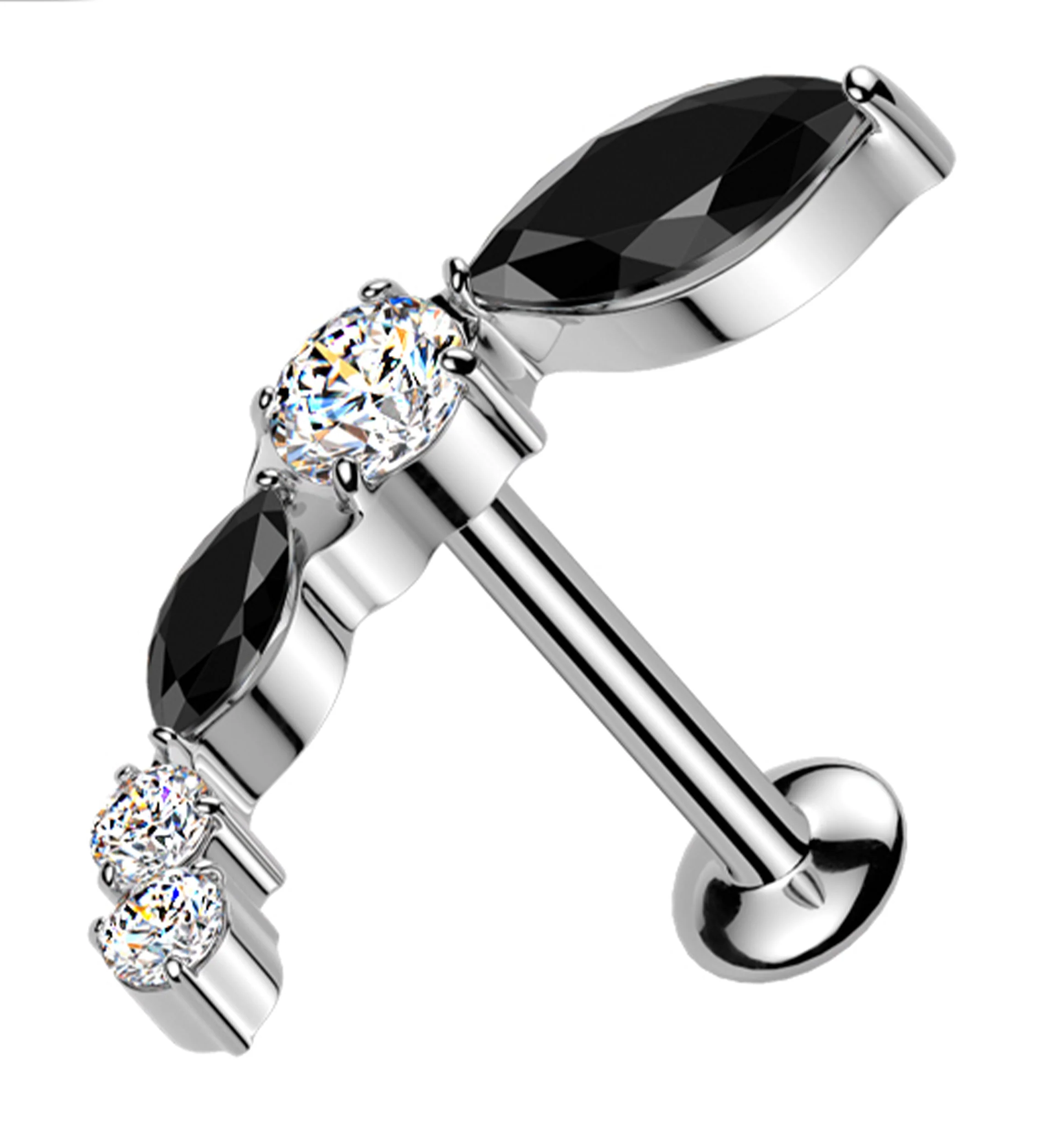 Curve Marquise Black And Clear CZ Threadless Titanium Labret