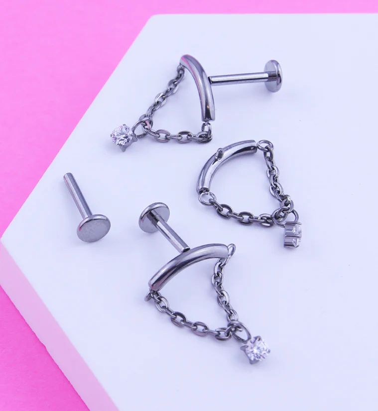 Curved Bar Dangle Clear CZ Chain Titanium Internally Threaded Labret - Image 2