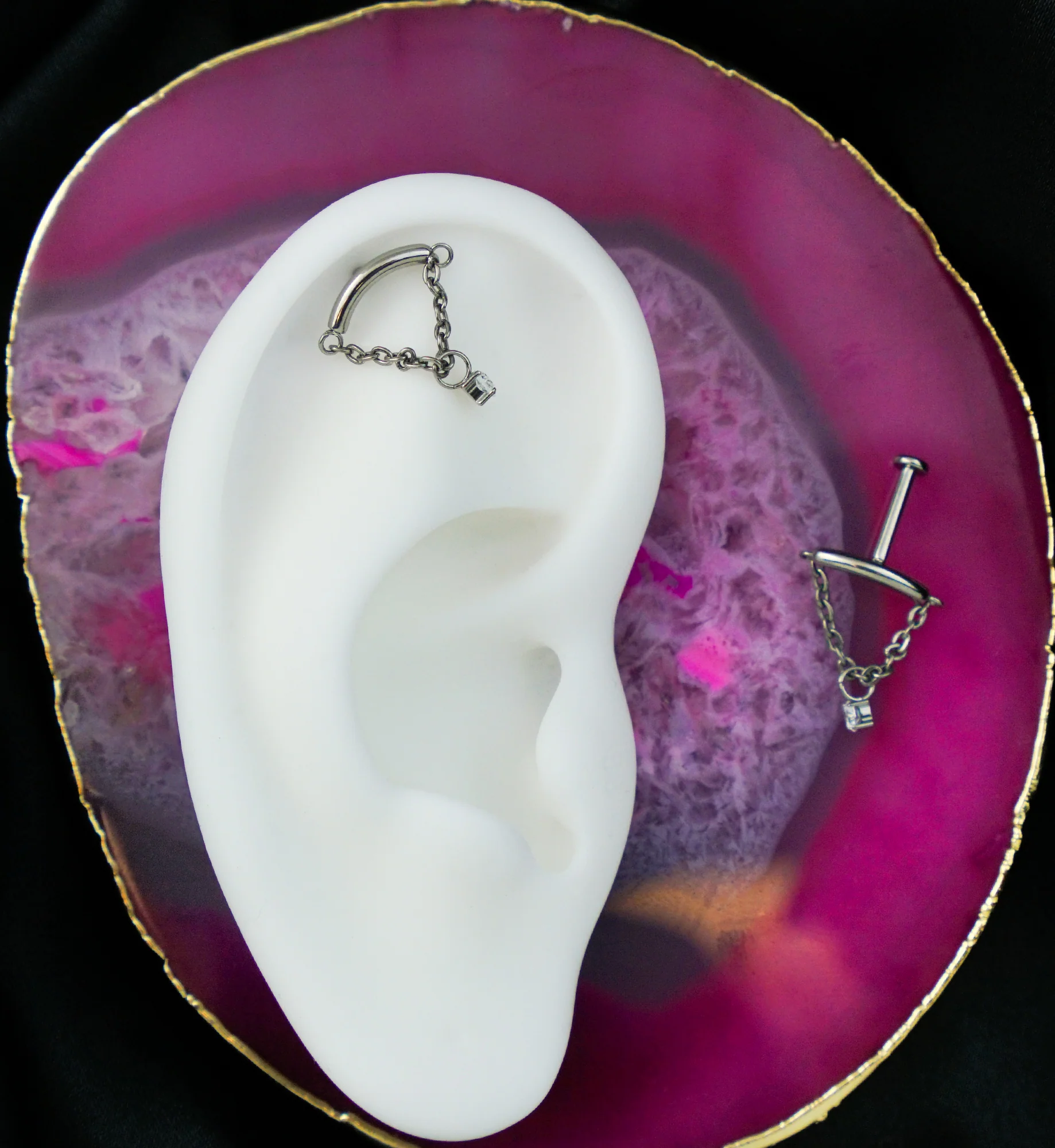 Curved Bar Dangle Clear CZ Chain Titanium Threadless Labret - Image 2