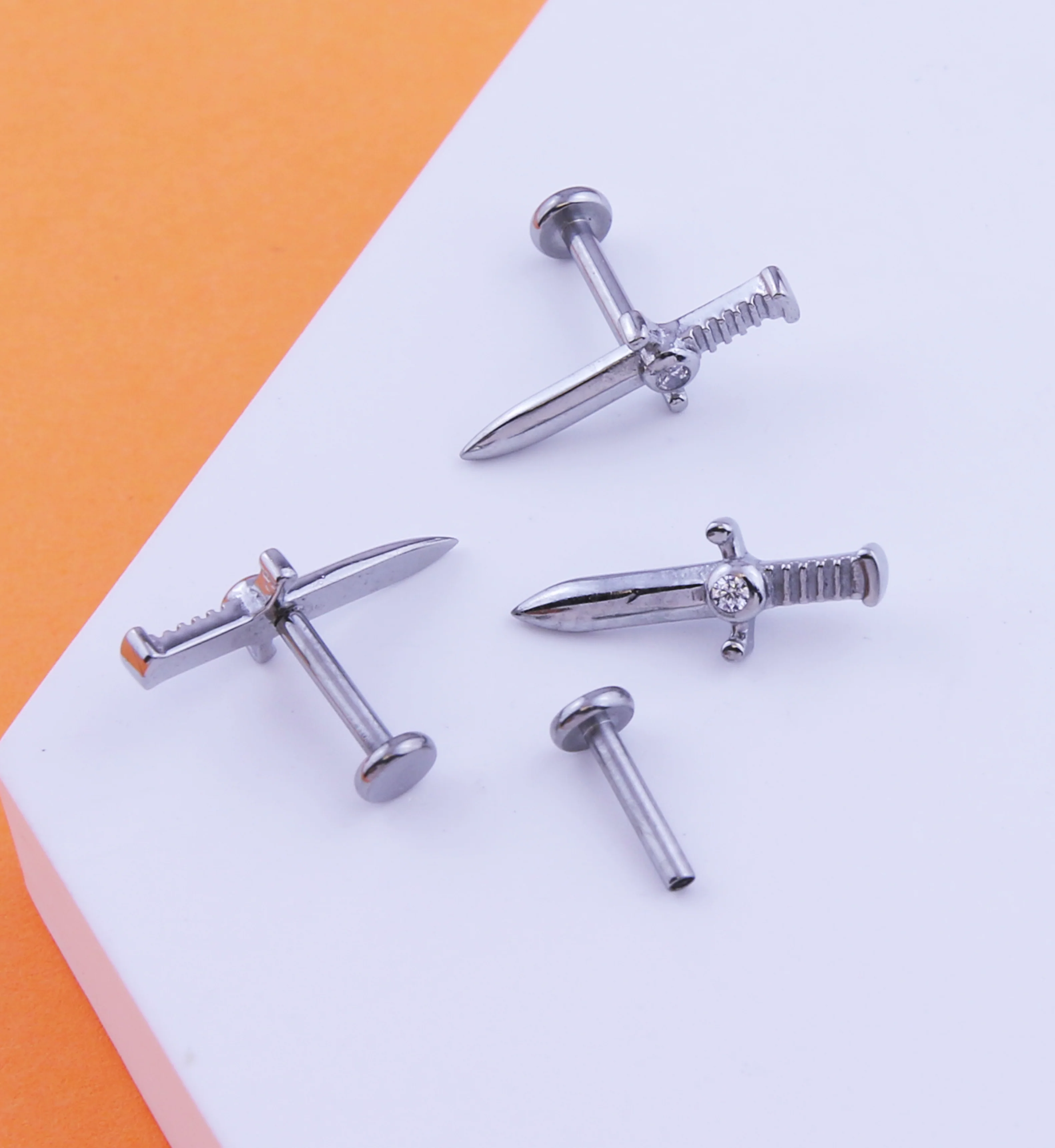 Dagger Clear CZ Stainless Steel Internally Threaded Labret - Image 2