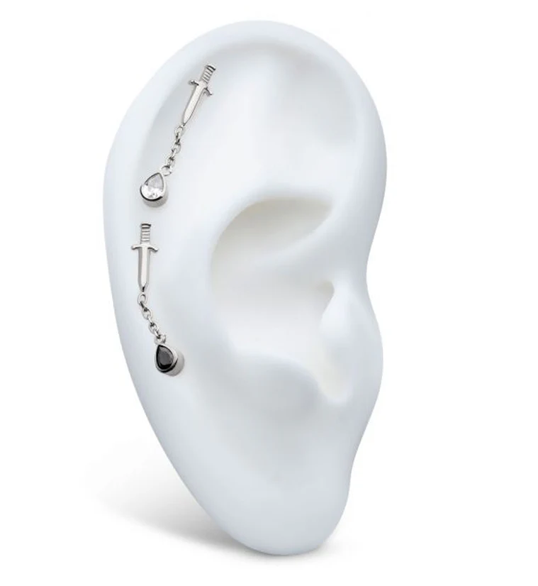 Dagger Dangle Chain Teardrop Clear CZ Internally Threaded Top - Image 3