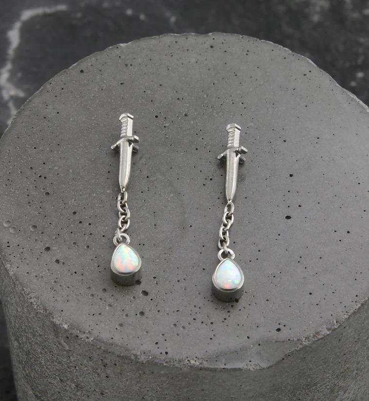 Dagger Dangle Chain Teardrop White Opalite Internally Threaded Titanium Top - Image 2