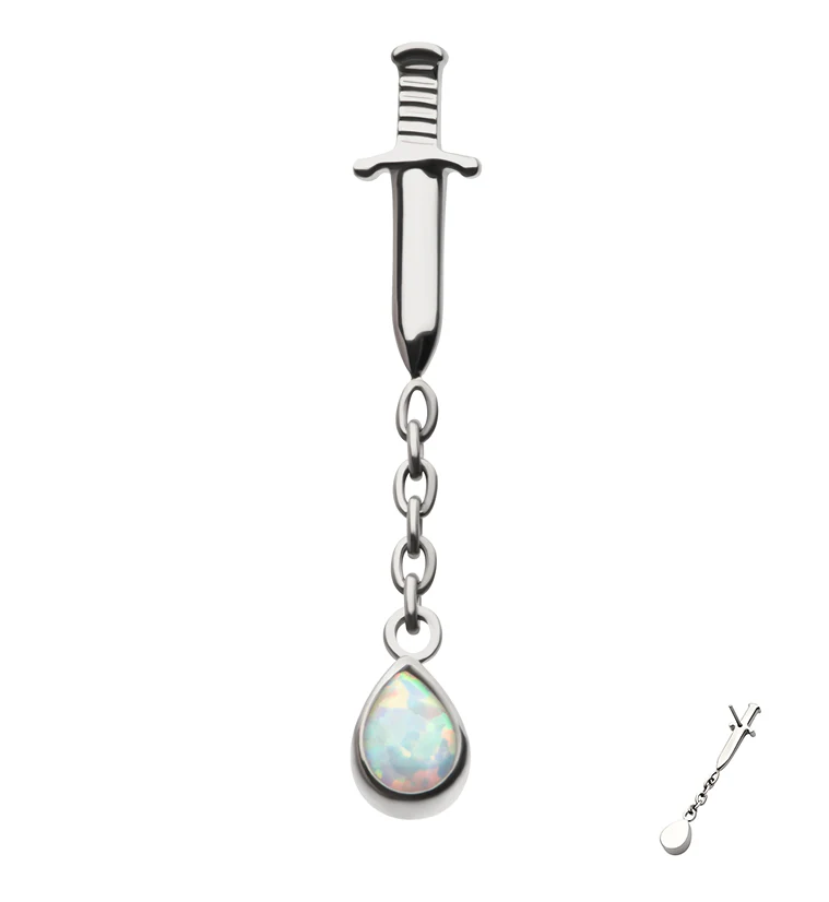 Dagger Dangle Chain Teardrop White Opalite Threadless Titanium Top