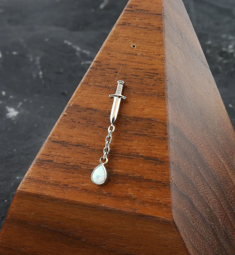 Dagger Dangle Chain Teardrop White Opalite Threadless Titanium Top - Image 2