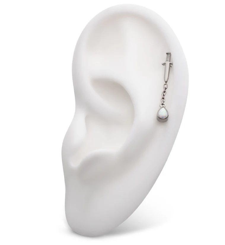 Dagger Dangle Chain Teardrop White Opalite Threadless Titanium Top - Image 3