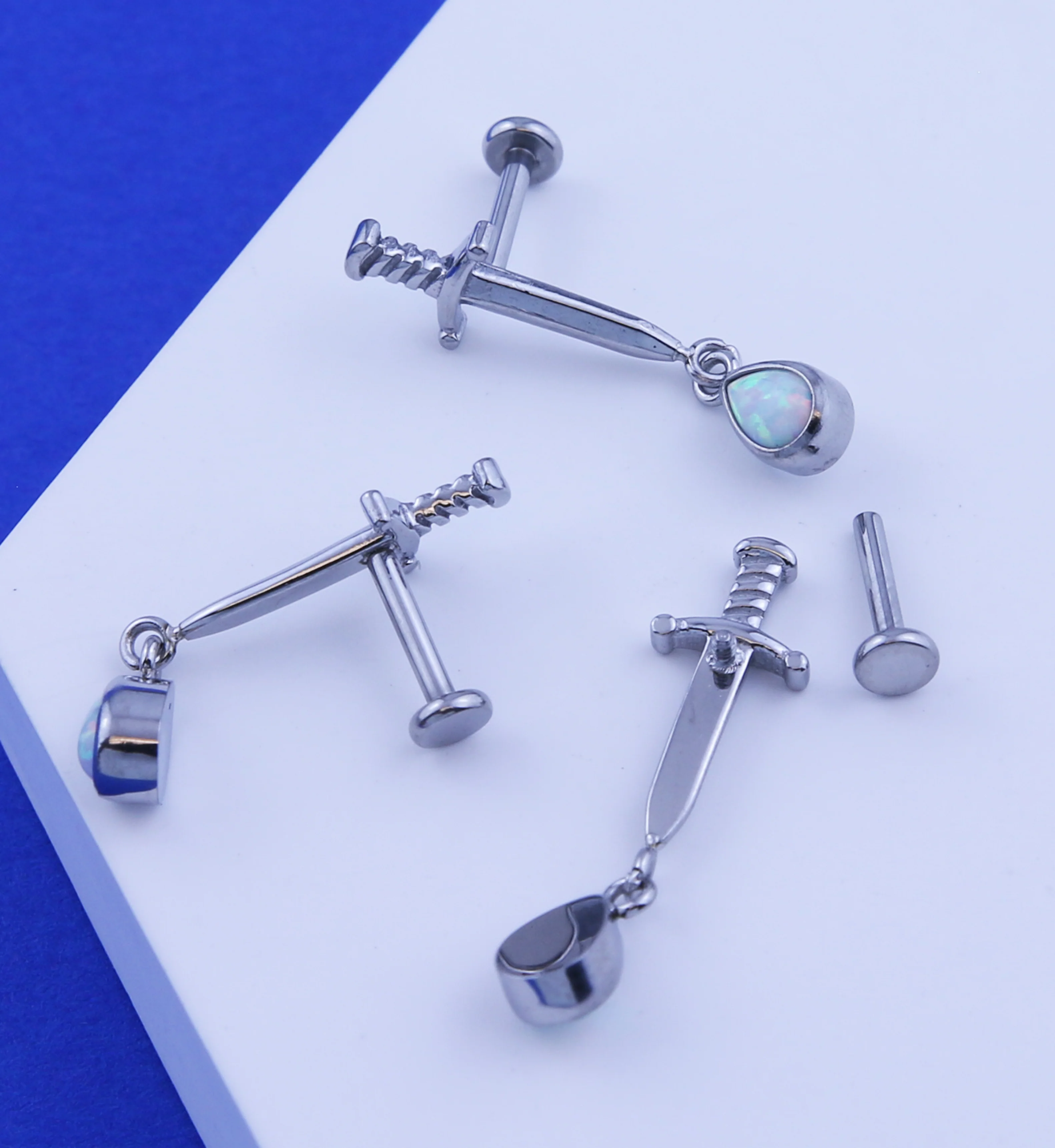 Dagger Dangle Teardrop White Opalite Stainless Steel Internally Threaded Labret - Image 2