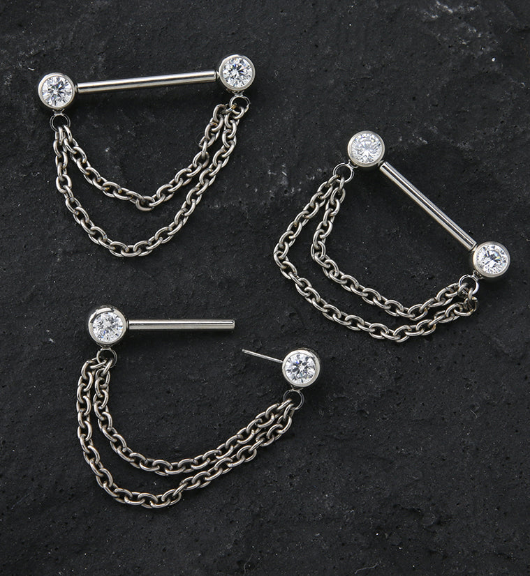 Dangle Chain Clear CZ Threadless Titanium Nipple Bars - Image 2
