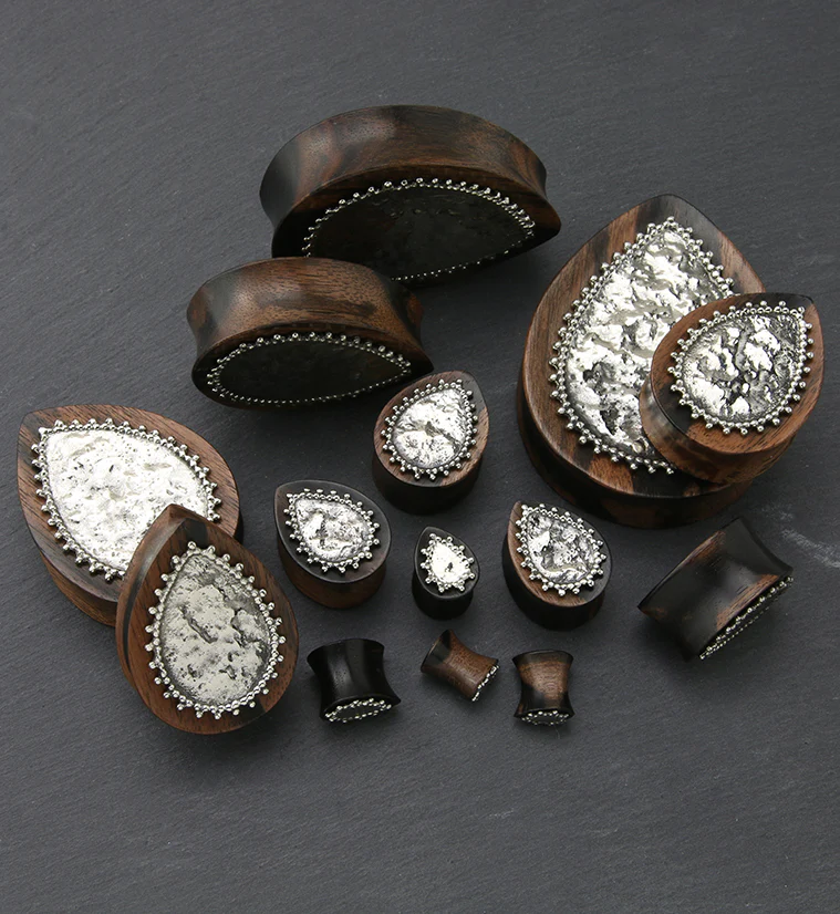 Doily White Brass Inlay Areng Wood Teardrop Plugs - Image 3