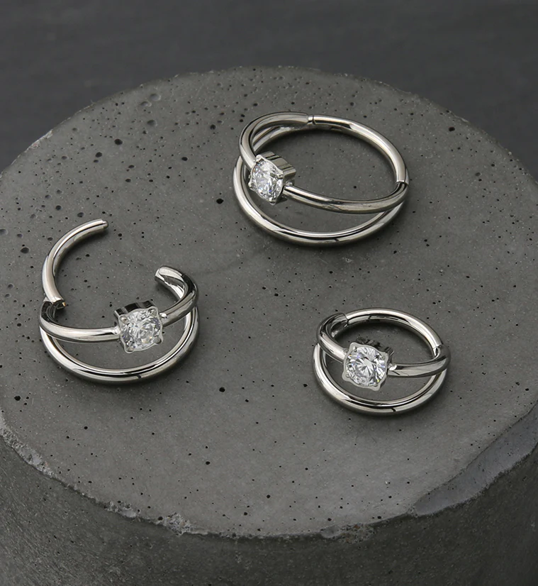 Double Bar Clear CZ Titanium Hinged Segment Ring - Image 3