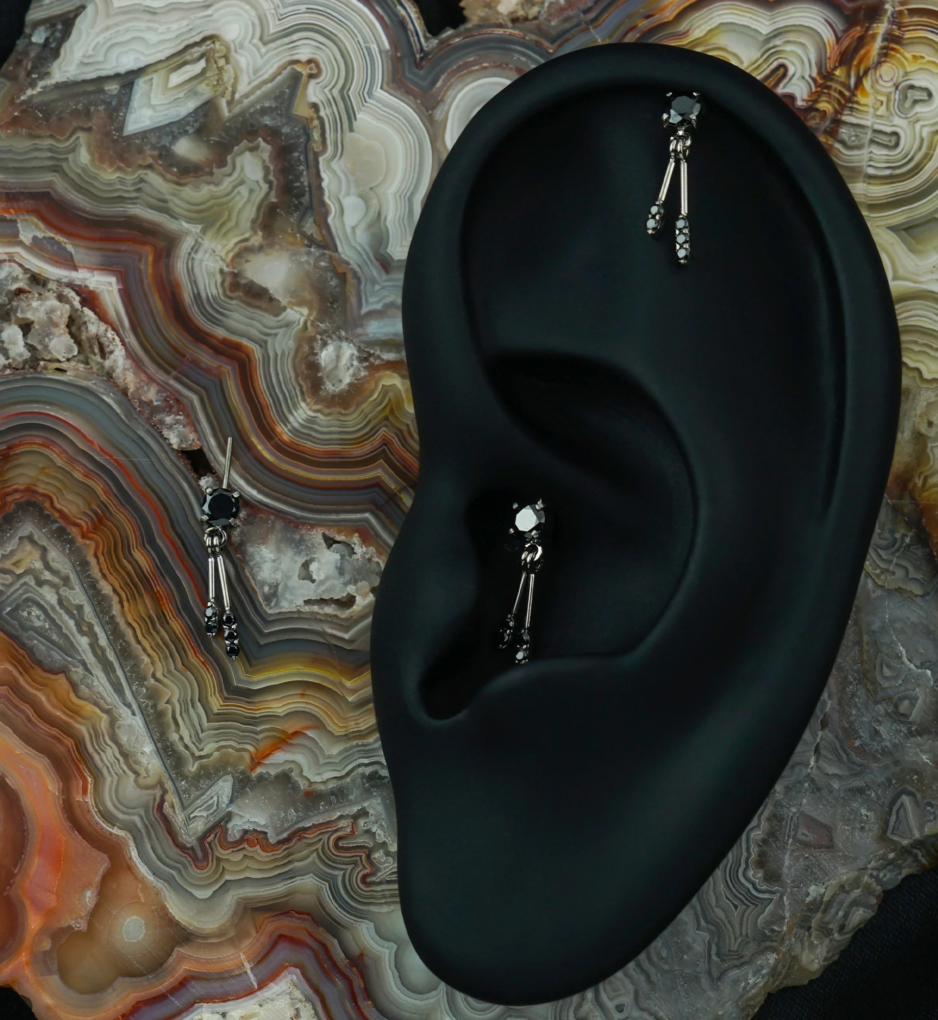 Double Black CZ Bar Dangle Vertical Titanium Threadless Top - Image 2