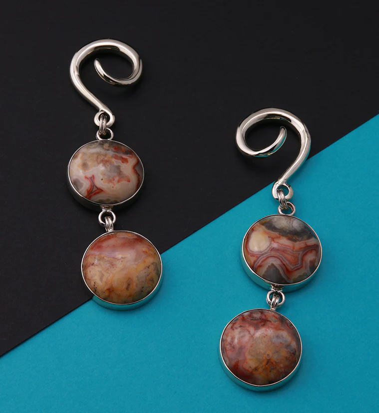 Double Crazy Lace Agate Stone Hanging Silver Brass Ear Weights - Image 2