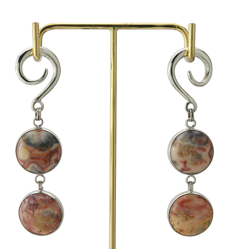 Double Crazy Lace Agate Stone Hanging Silver Brass Ear Weights - Image 3