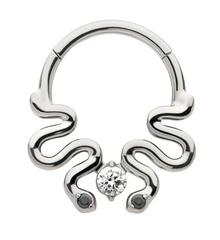 Double Curvy Snake Black CZ Eyes Hinged Segment Ring