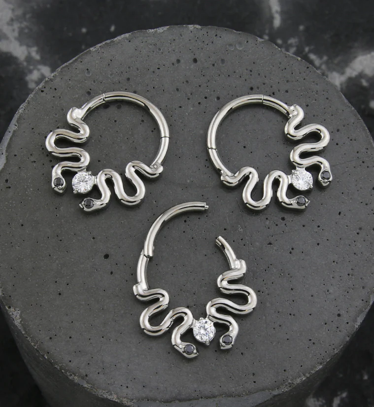 Double Curvy Snake Black CZ Eyes Hinged Segment Ring - Image 2