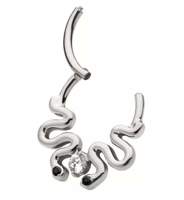 Double Curvy Snake Black CZ Eyes Hinged Segment Ring - Image 3